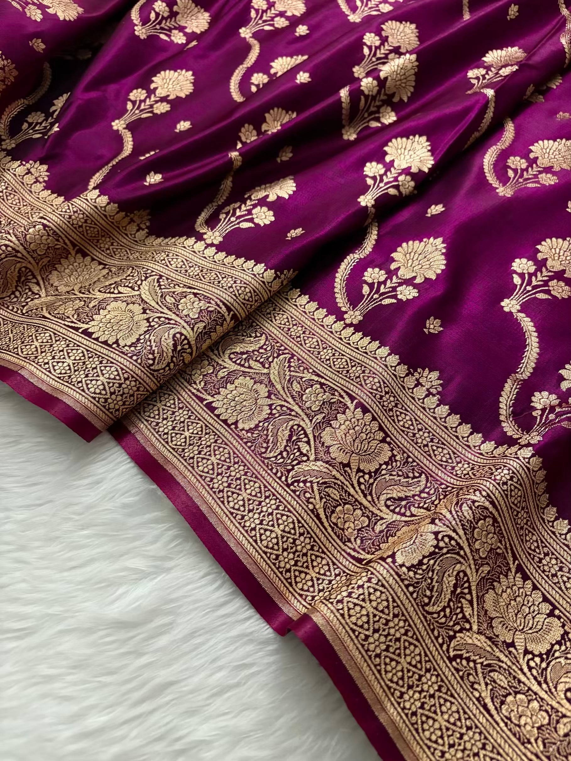 Wine Satin Silk Banarasi Saree – Tircha Jaal