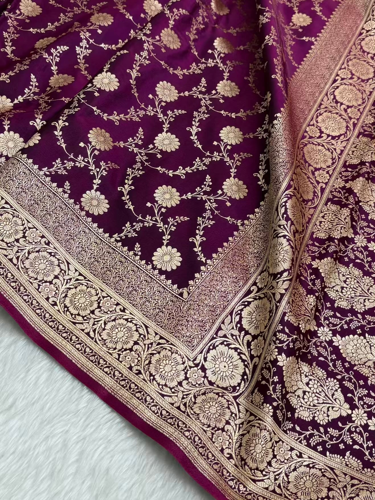 Wine Satin Silk Banarasi Saree with Golden Zari Floral Bel Jaal