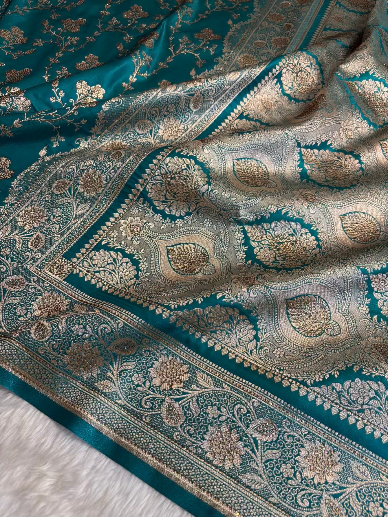 Rama Green With Swarovski Stone Work Jaal Pattern Satin Silk Saree