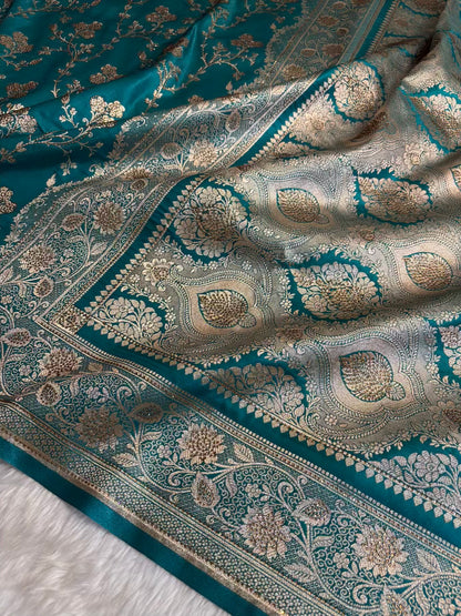 Rama Green With Swarovski Stone Work Jaal Pattern Satin Silk Saree