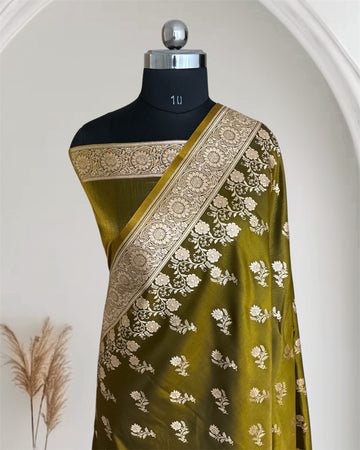 Mehdi Green Satin Silk Banarasi Fancy Saree