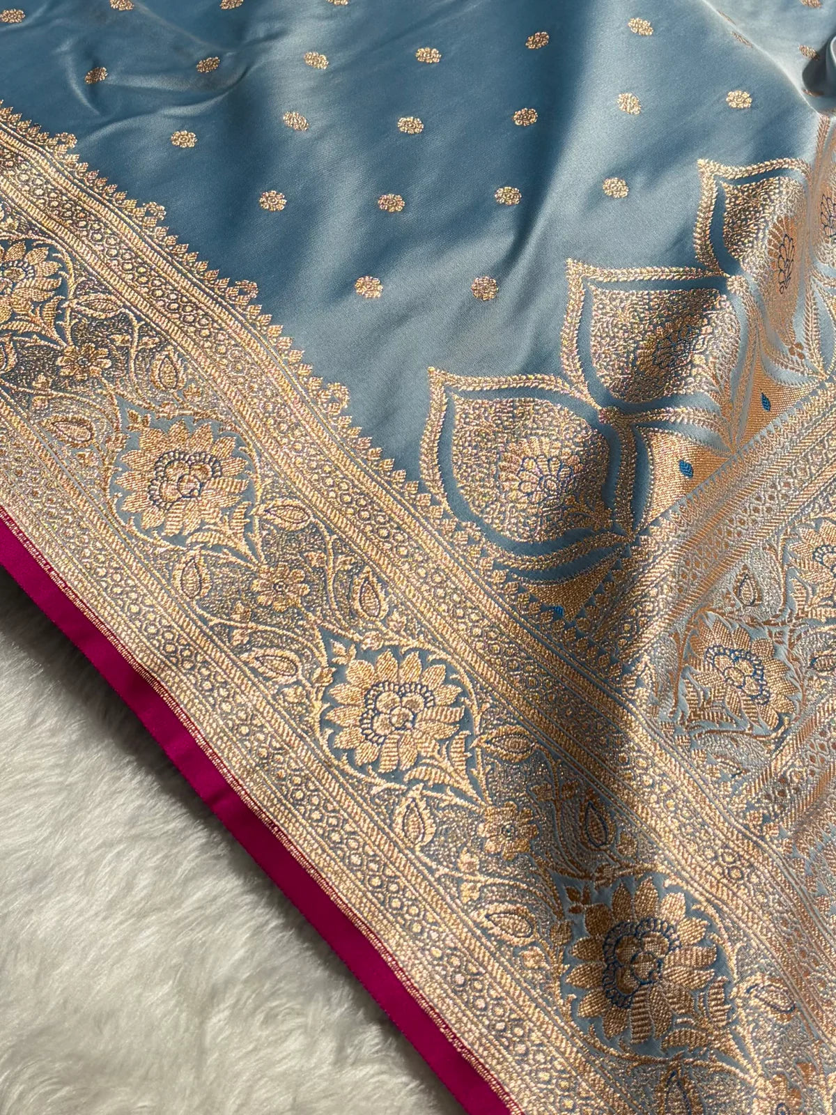 Banarasi Powder Blue Booti Satin katan Silk Saree