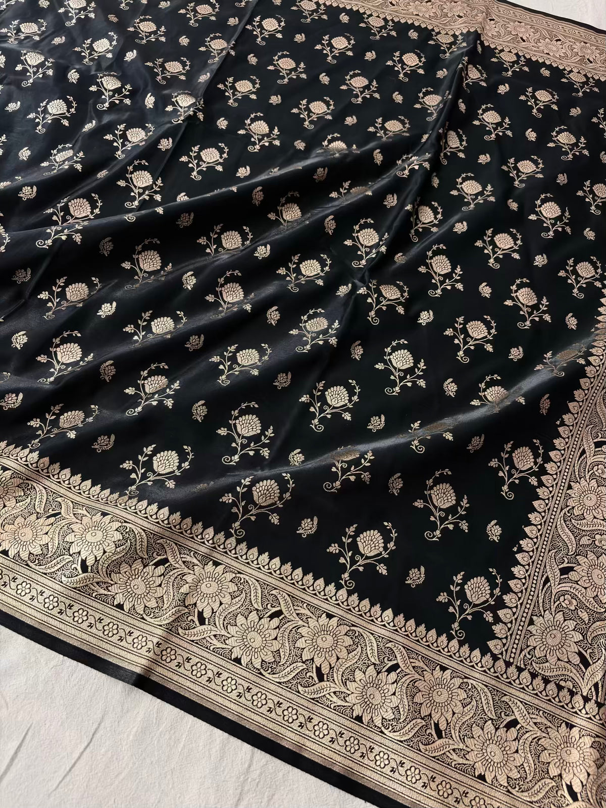 Black Floral Buti Satin Silk Banarasi Saree