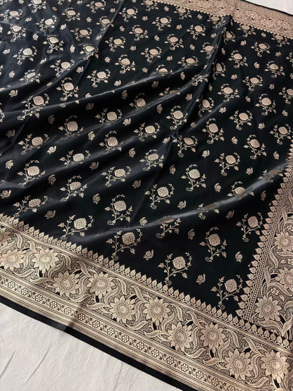 Black Floral Buti Satin Silk Banarasi Saree
