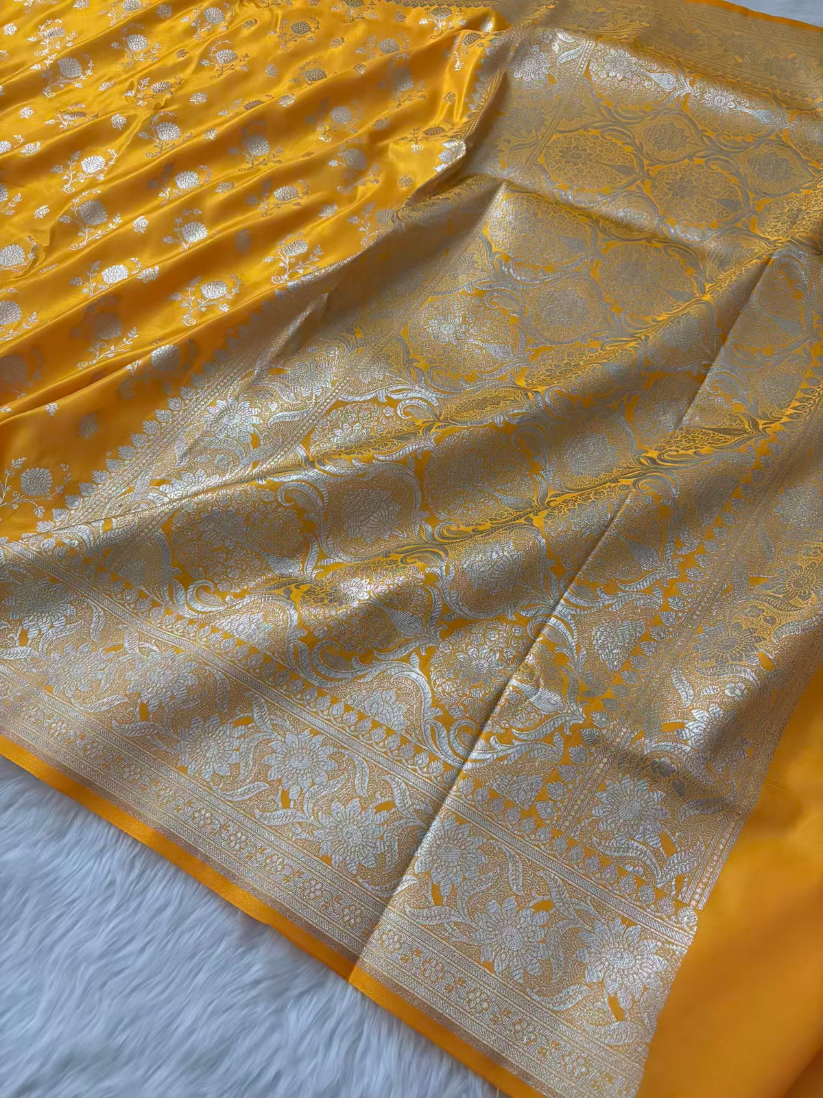Yellow Floral Buti Satin Silk Banarasi Saree