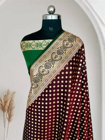 Dark Maroon With Green Contrast Satin Silk Banarasi Saree