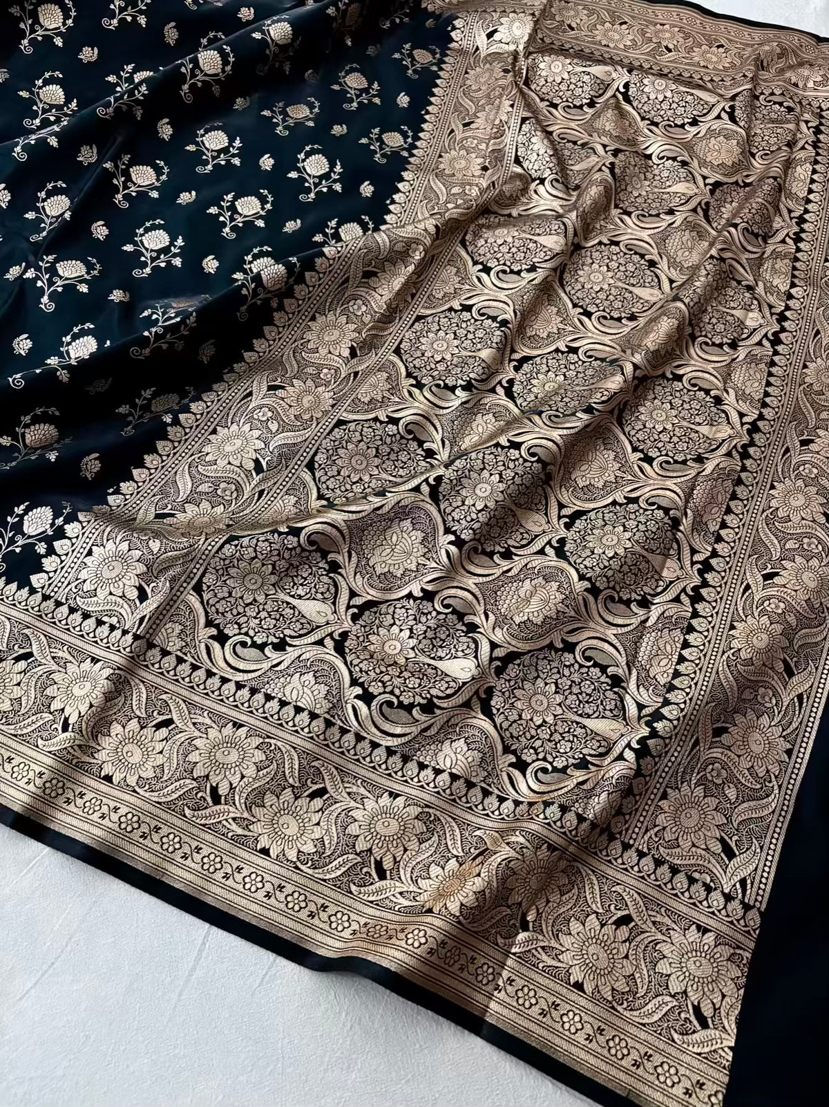 Black Floral Buti Satin Silk Banarasi Saree