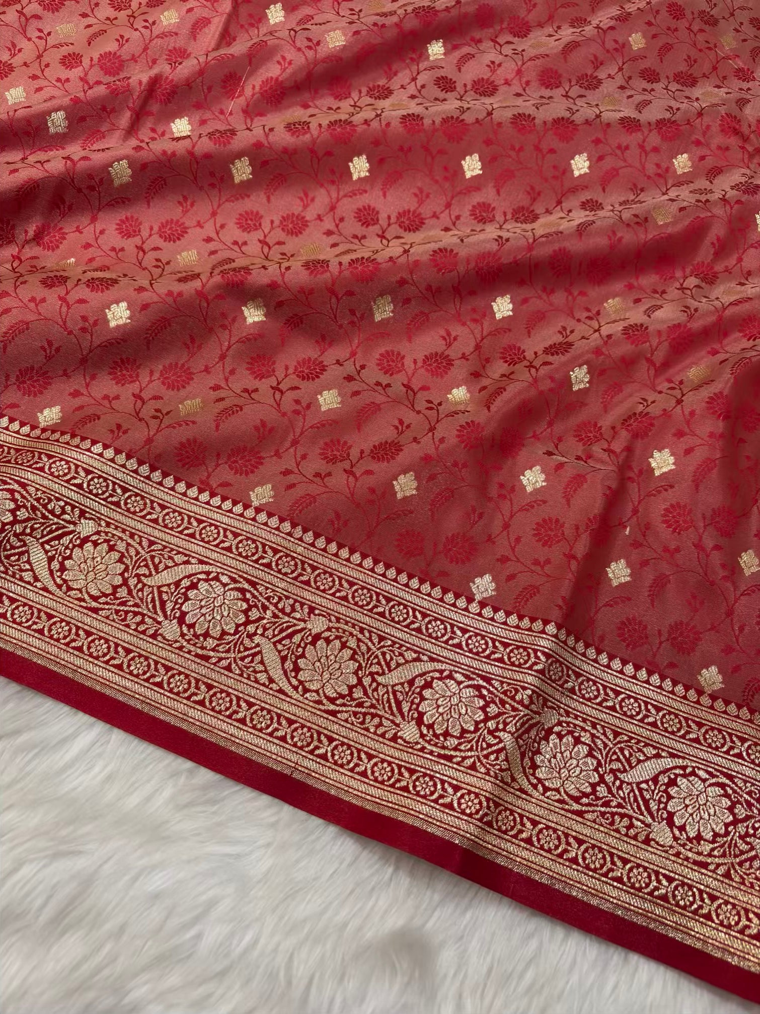 Red & Red Satin Silk Banarasi Saree Tanchui Jaal