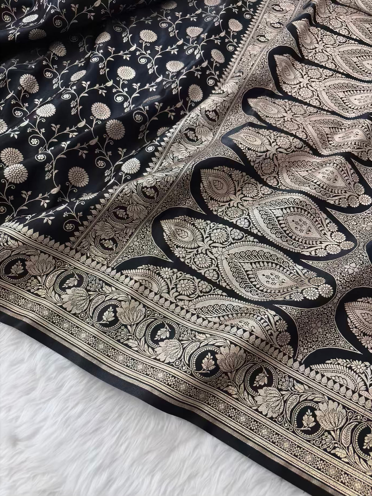 Black Satin Silk Banarasi Saree In Marigold Jaal
