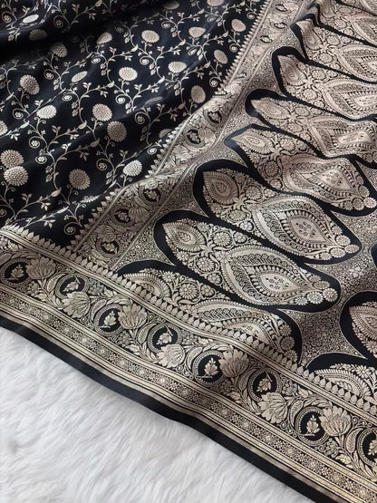 Black Satin Silk Banarasi Saree In Marigold Jaal