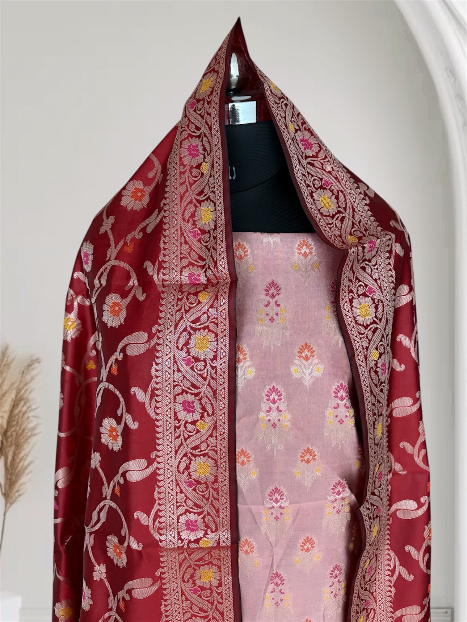 Red and Patel Red Satin Silk Banarasi Suit