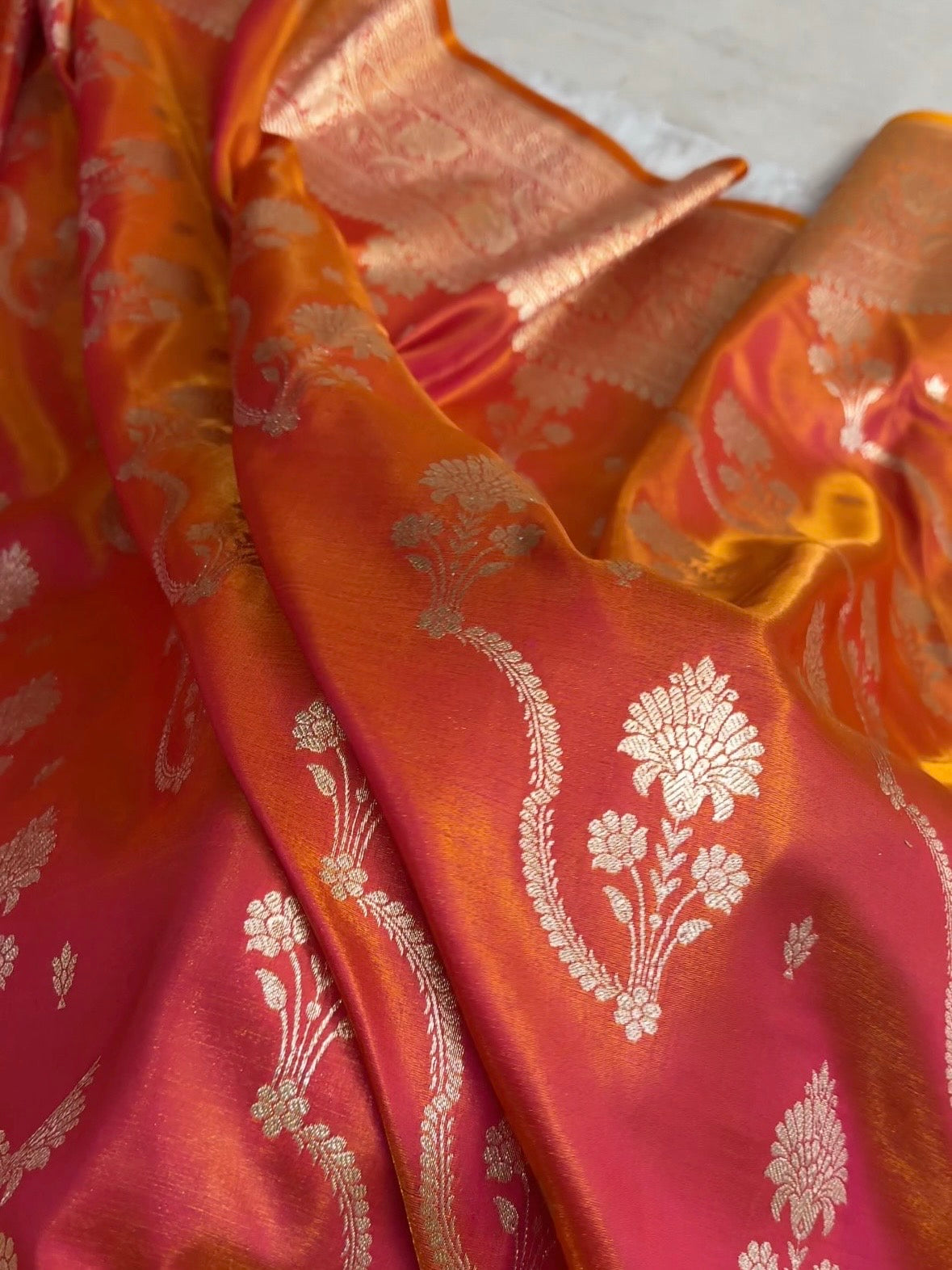 Orange Shaded Fancy Satin Silk Banarasi Saree – Tircha Jaal