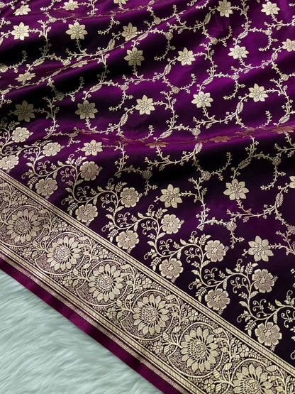 Purple Satin Silk Banarasi Saree Floral Swarna Latika Jaal