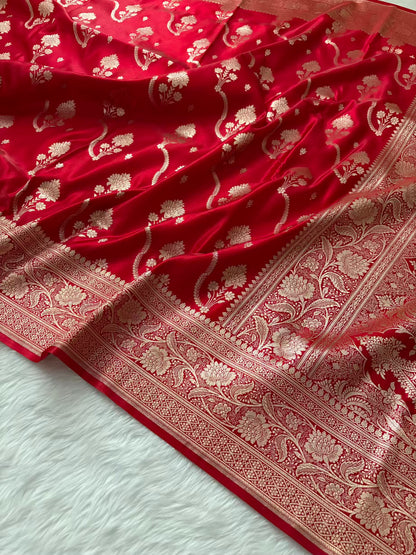 Red Satin Silk Banarasi Saree – Tircha Jaal