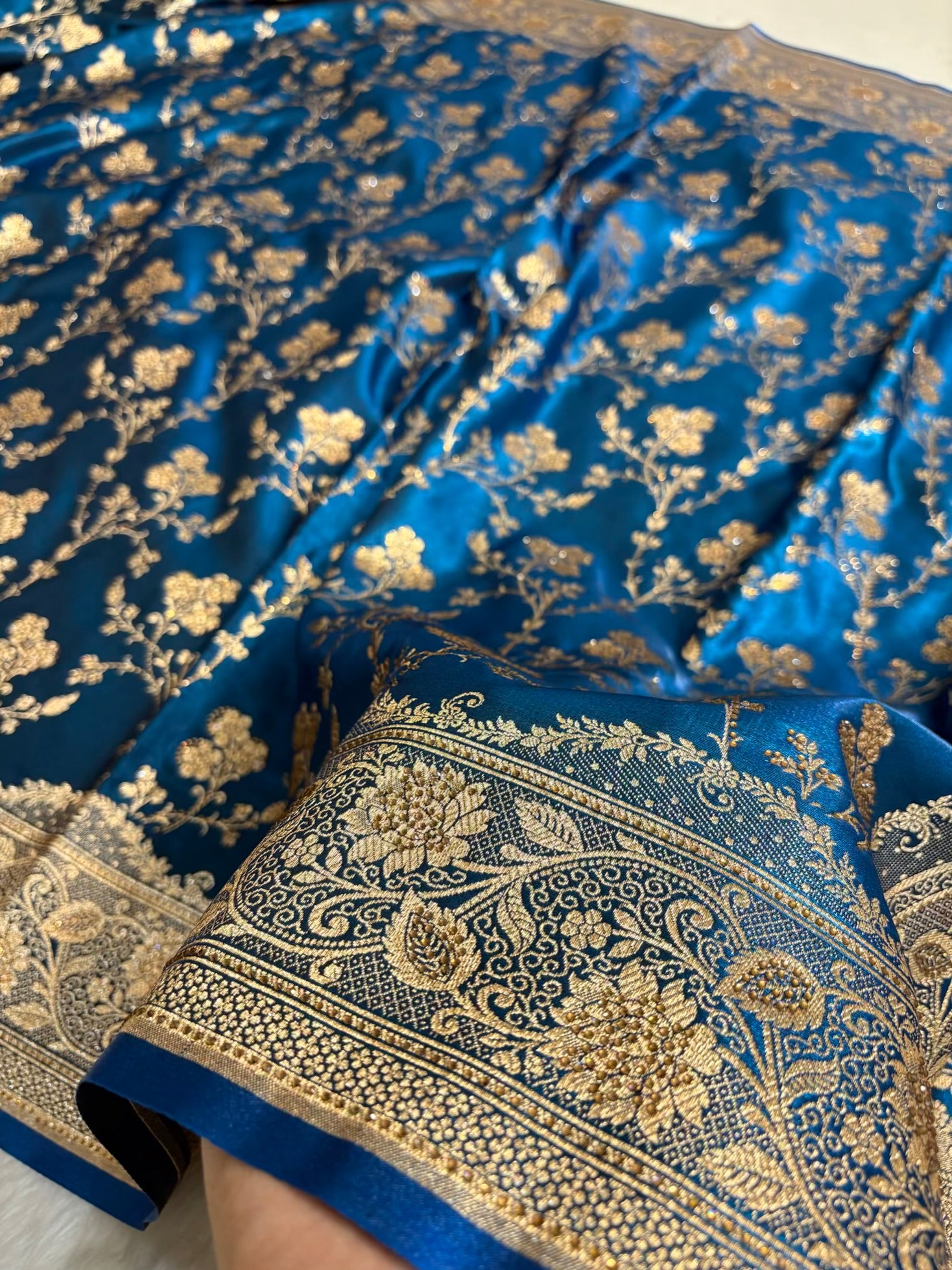Teal Blue With Swarovski Stone Work Jaal Pattern Satin Silk Saree