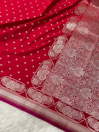 Red Soft Kataan Silk Banarasi Saree In Rose Gold Zari