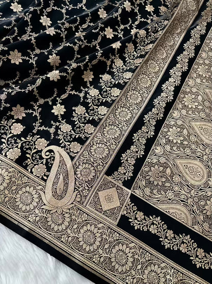 Black Beauty Satin Silk Banarasi Saree Floral Jaal