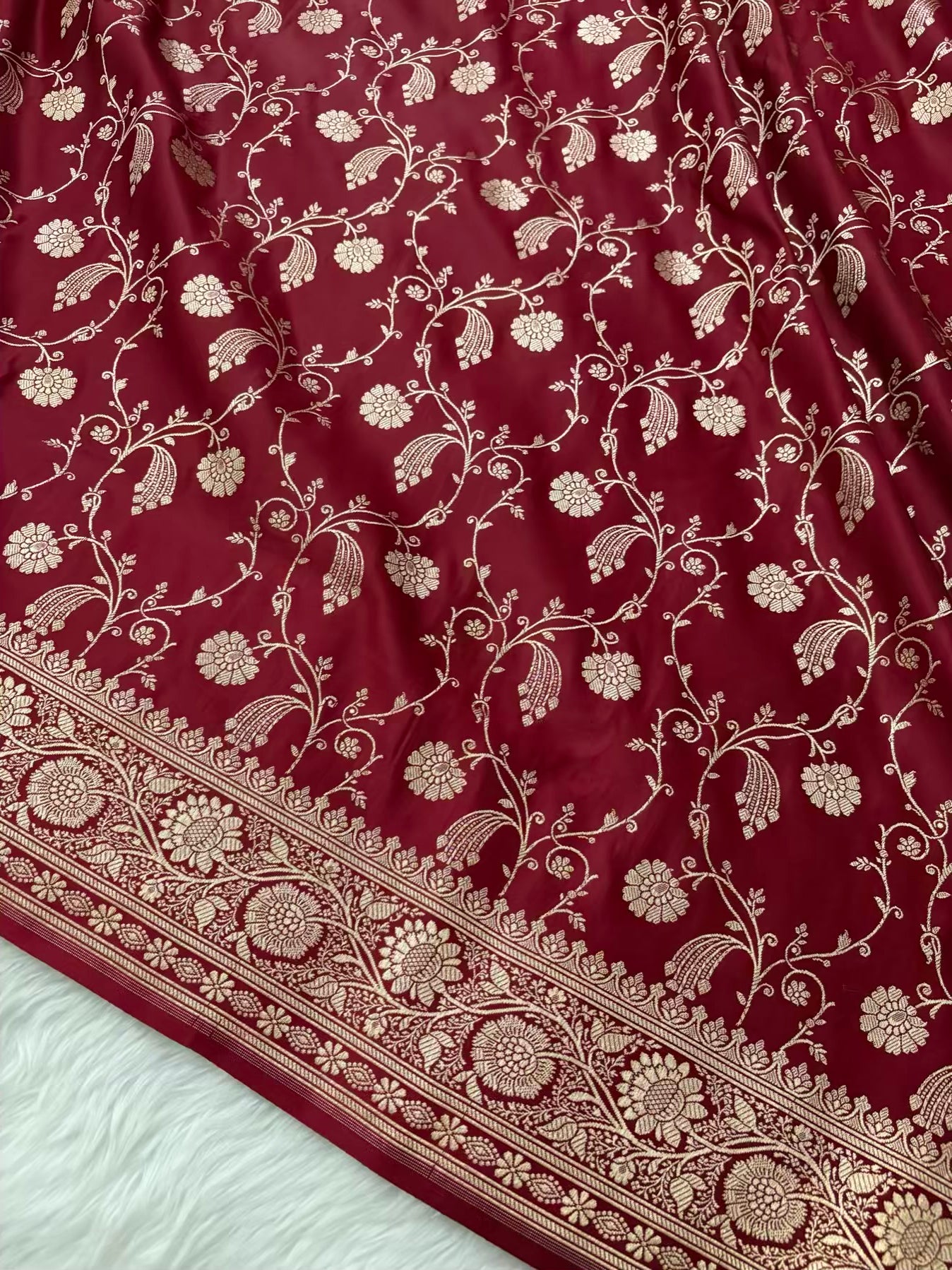 Maroon Kataan Satin Silk Banarasi Saree Bridal Jaal