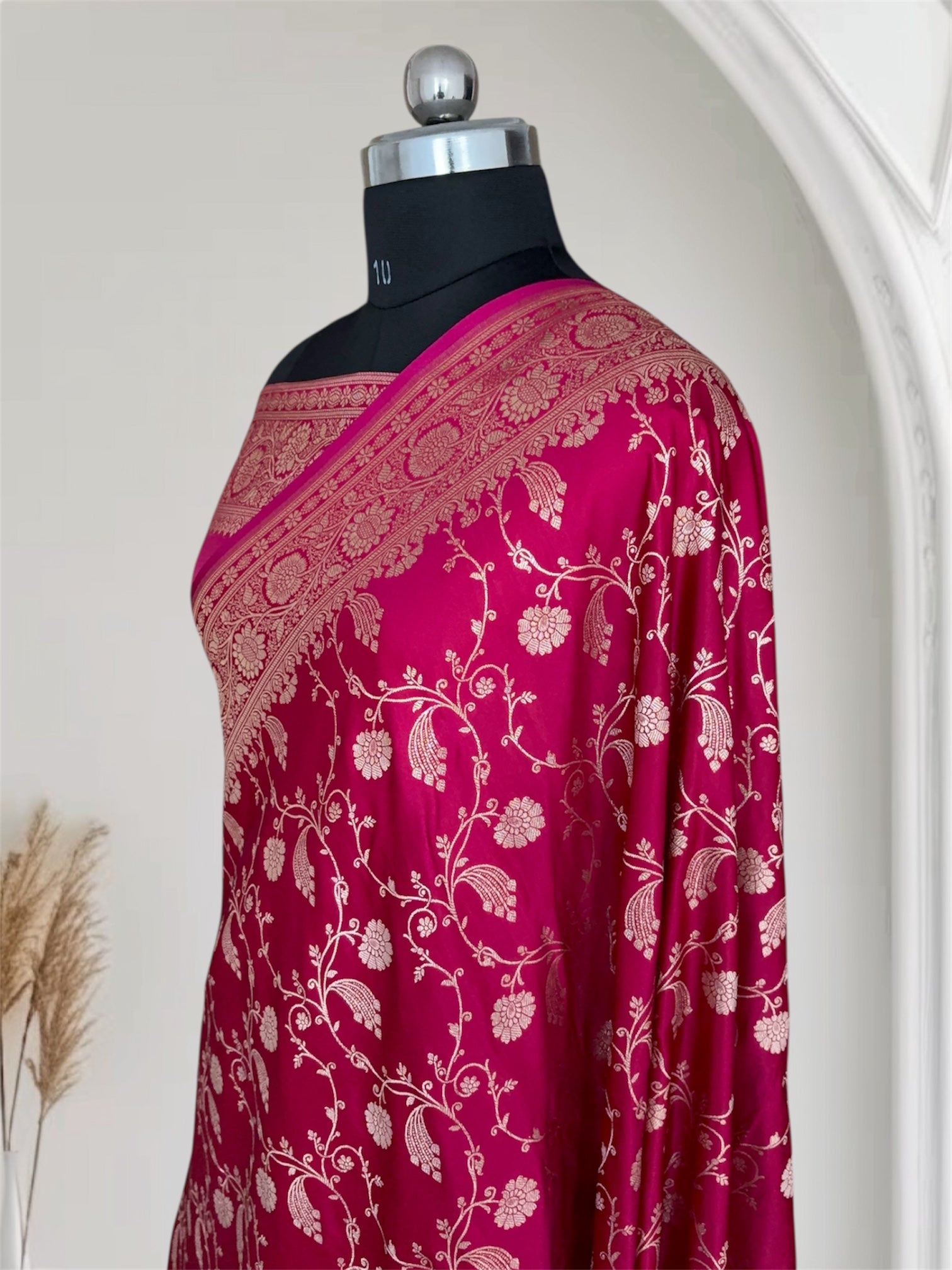 Rani Kataan Satin Silk Banarasi Saree Bridal Jaal