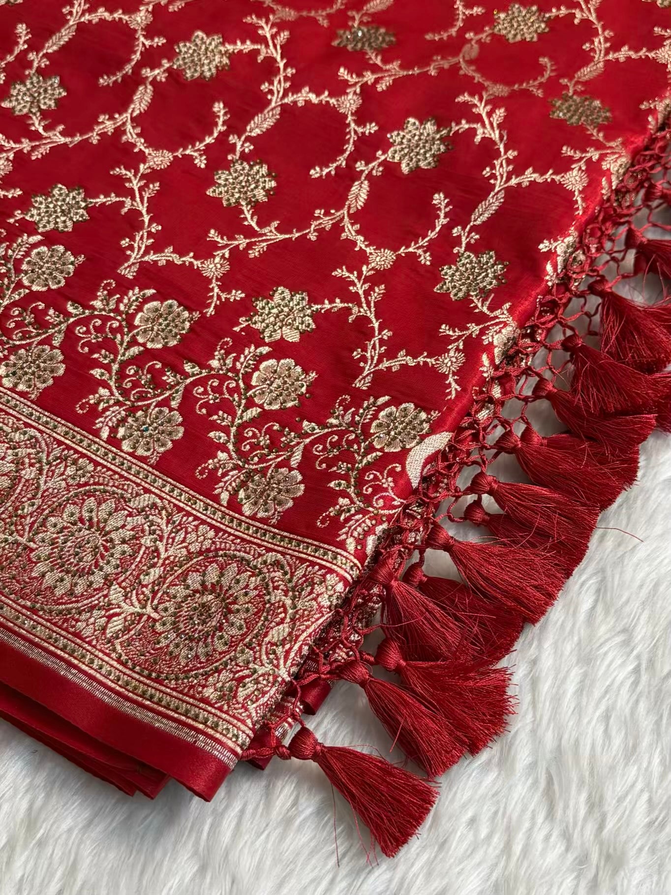 Satin Silk Saree Banarasi Swarovski Work Jaal in Red Shades