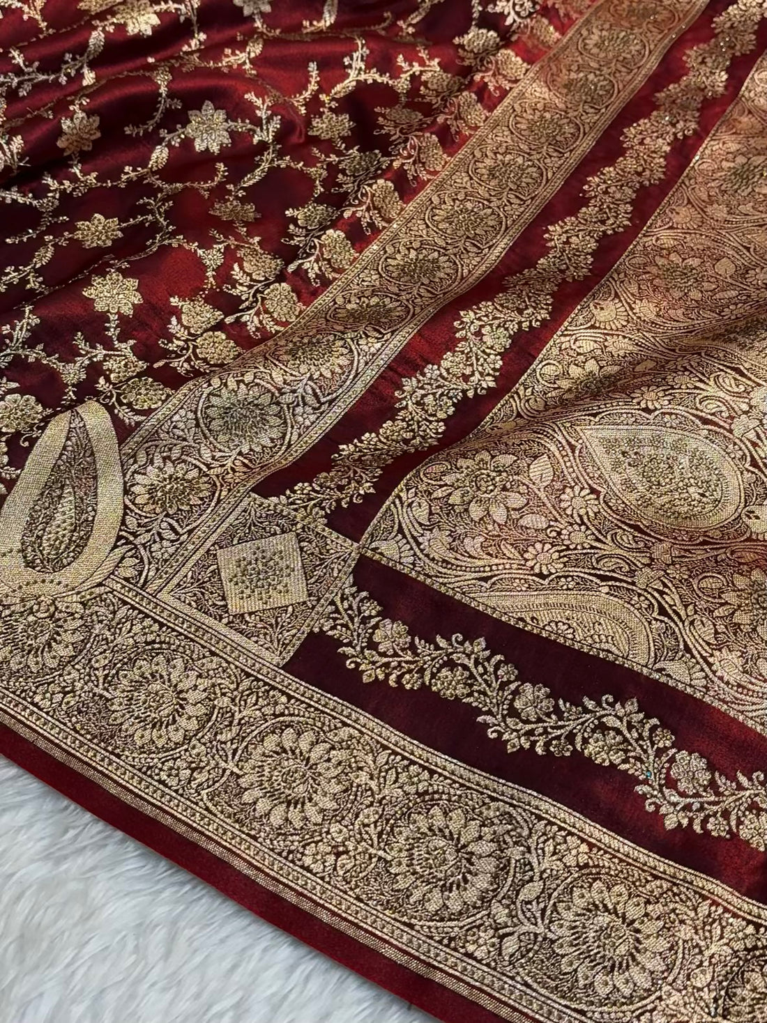 Satin Silk Saree Banarasi Swarovski Work Jaal in Dark Maroon Shades
