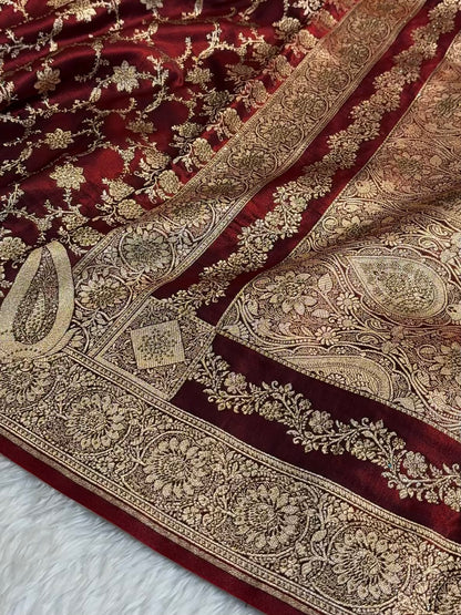 Satin Silk Saree Banarasi Swarovski Work Jaal in Dark Maroon Shades