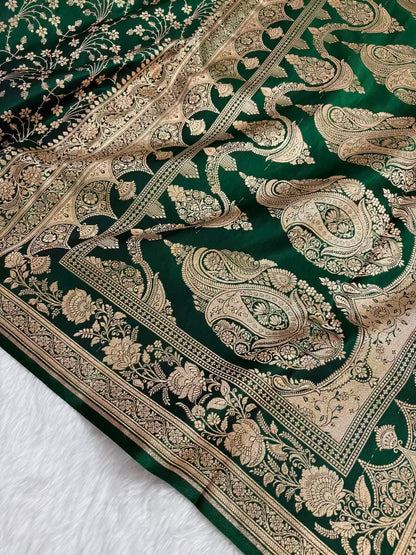 Heavy Jaal Satin Silk Banarasi Saree Botel Green Shades