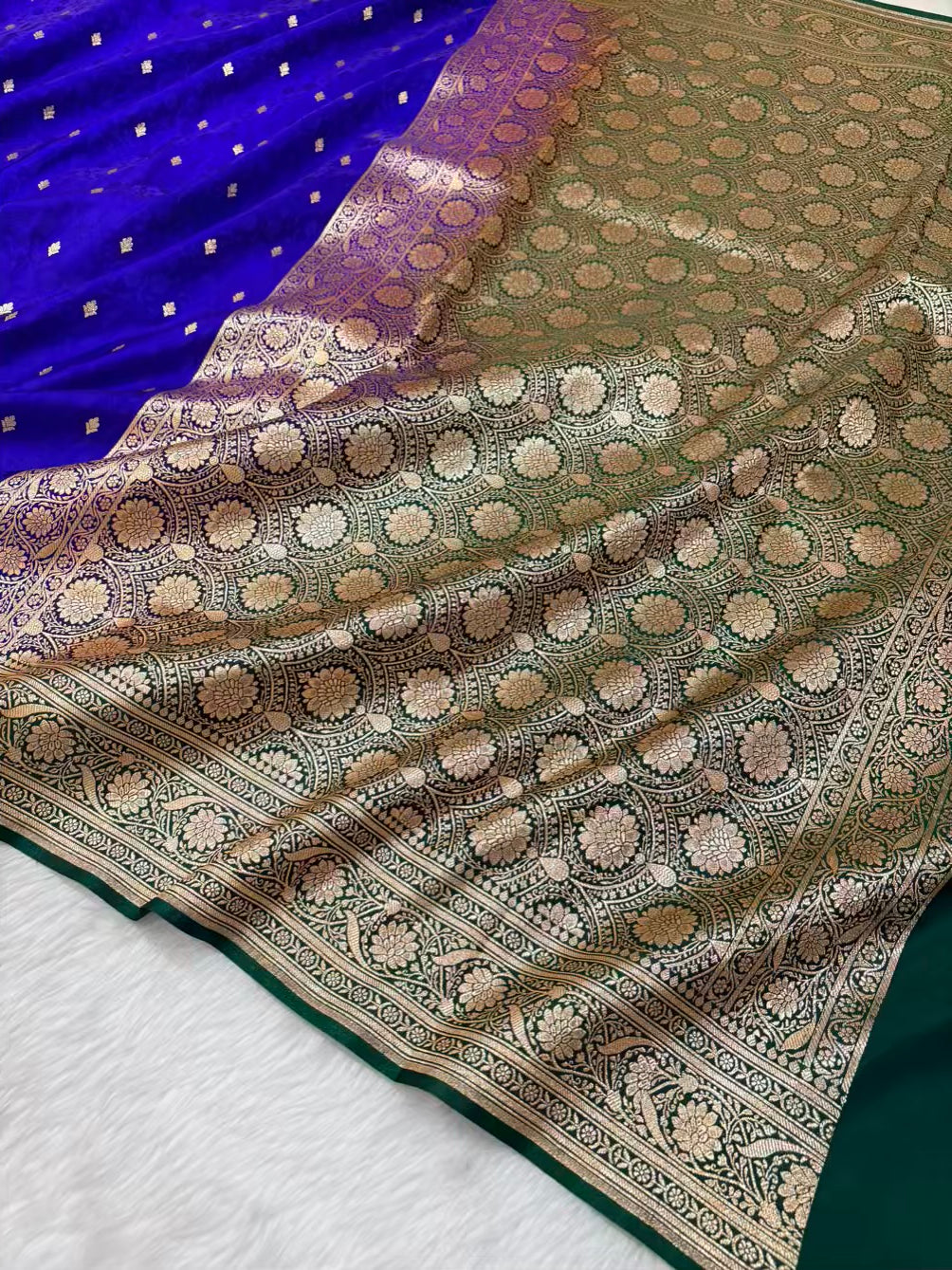 Royal Blue & Green Satin Silk Banarasi Saree Tanchui Jaal