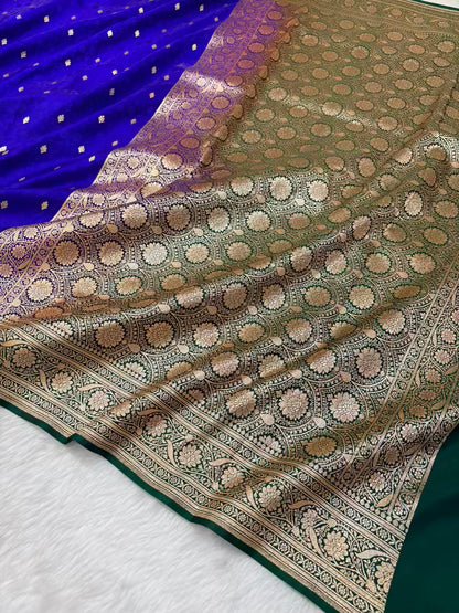 Royal Blue & Green Satin Silk Banarasi Saree Tanchui Jaal