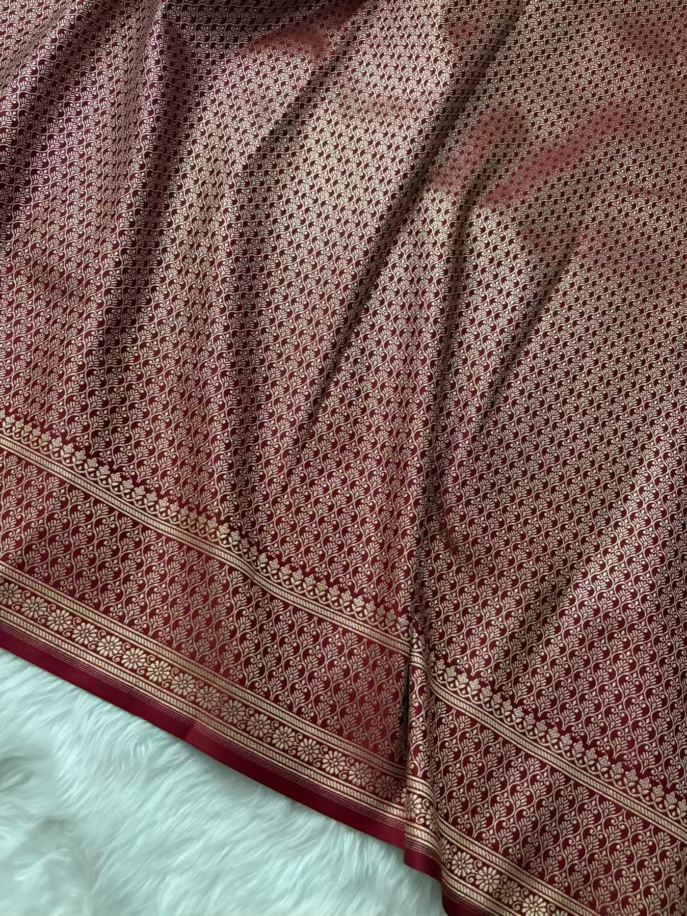 Maroon Kataan Satin Silk Banarasi Saree Bridal Jaal