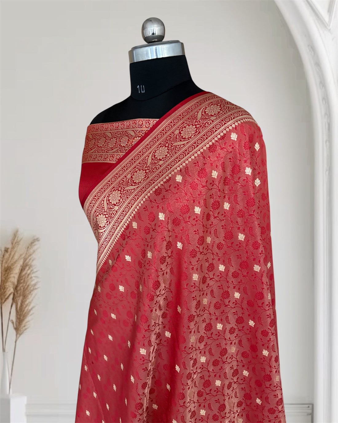 Red & Red Satin Silk Banarasi Saree Tanchui Jaal