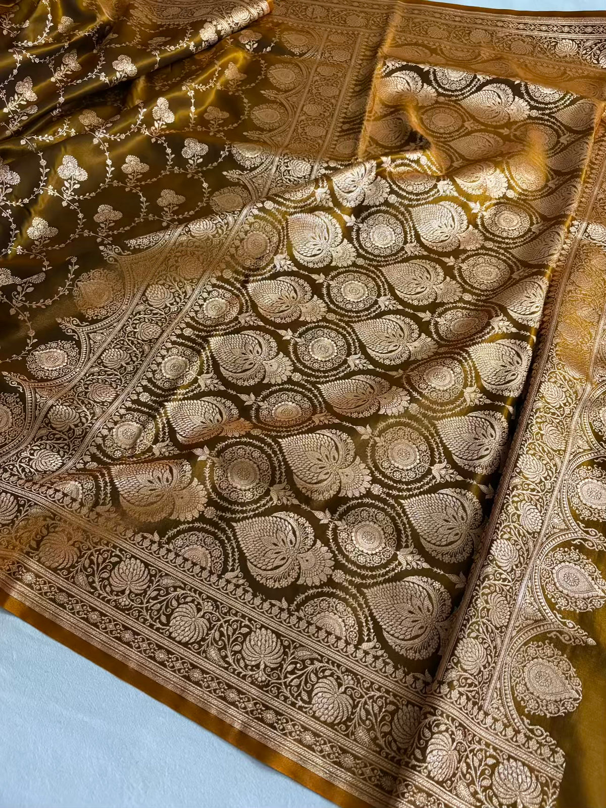 Satin Silk Saree Banarasi Jaal in Mehendi Shades