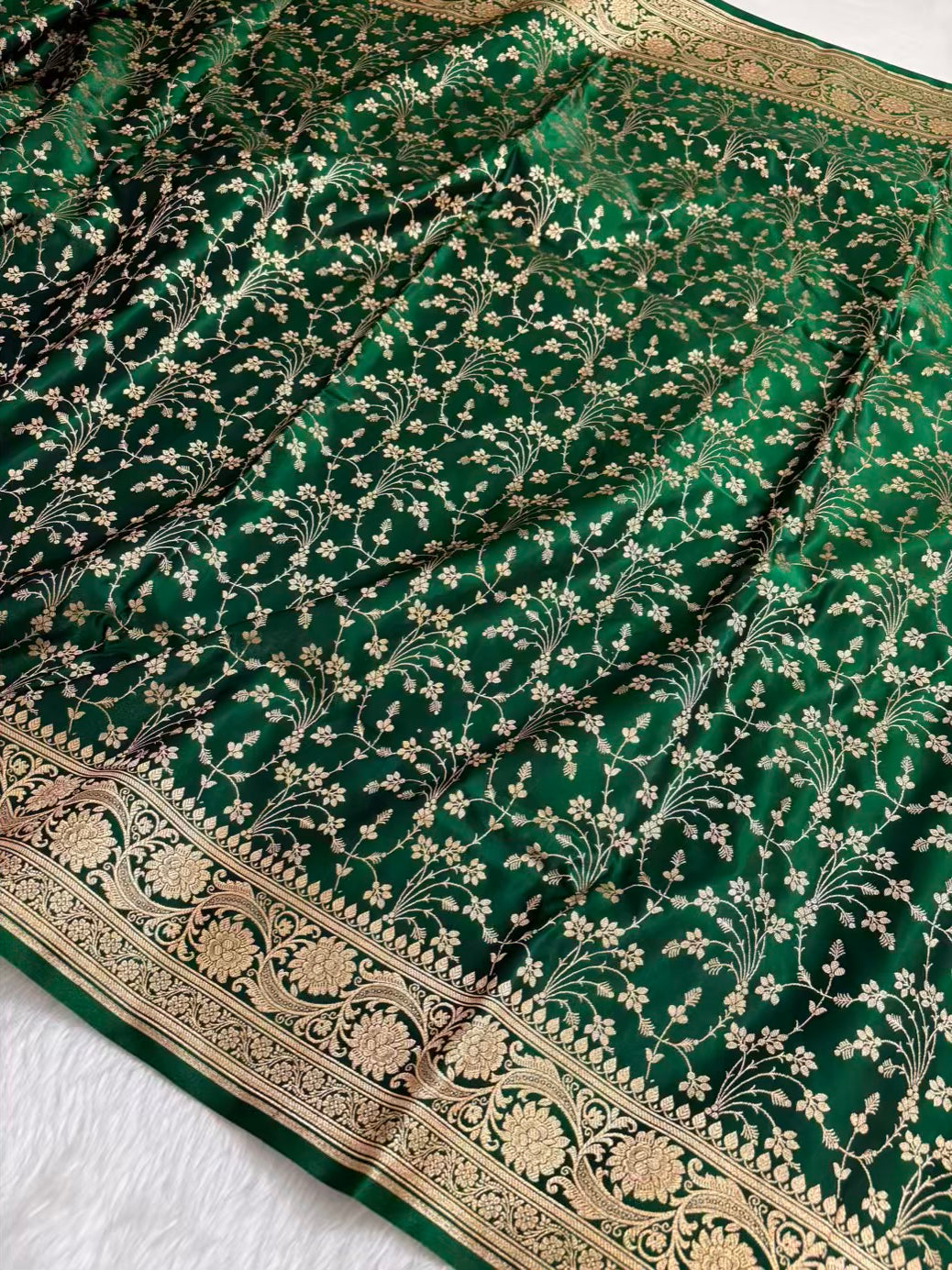 Heavy Jaal Satin Silk Banarasi Saree Botel Green Shades