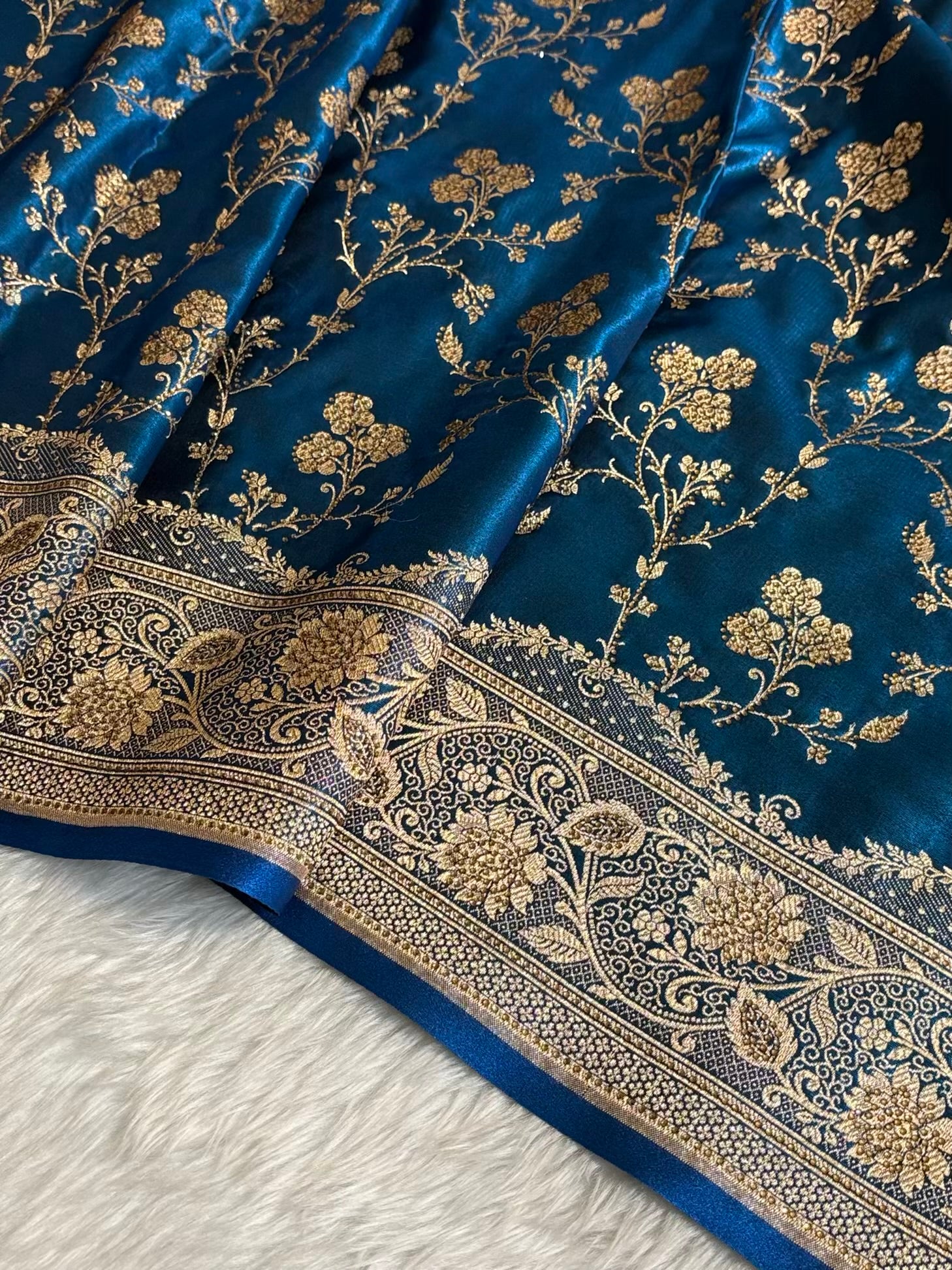 Teal Blue With Swarovski Stone Work Jaal Pattern Satin Silk Saree
