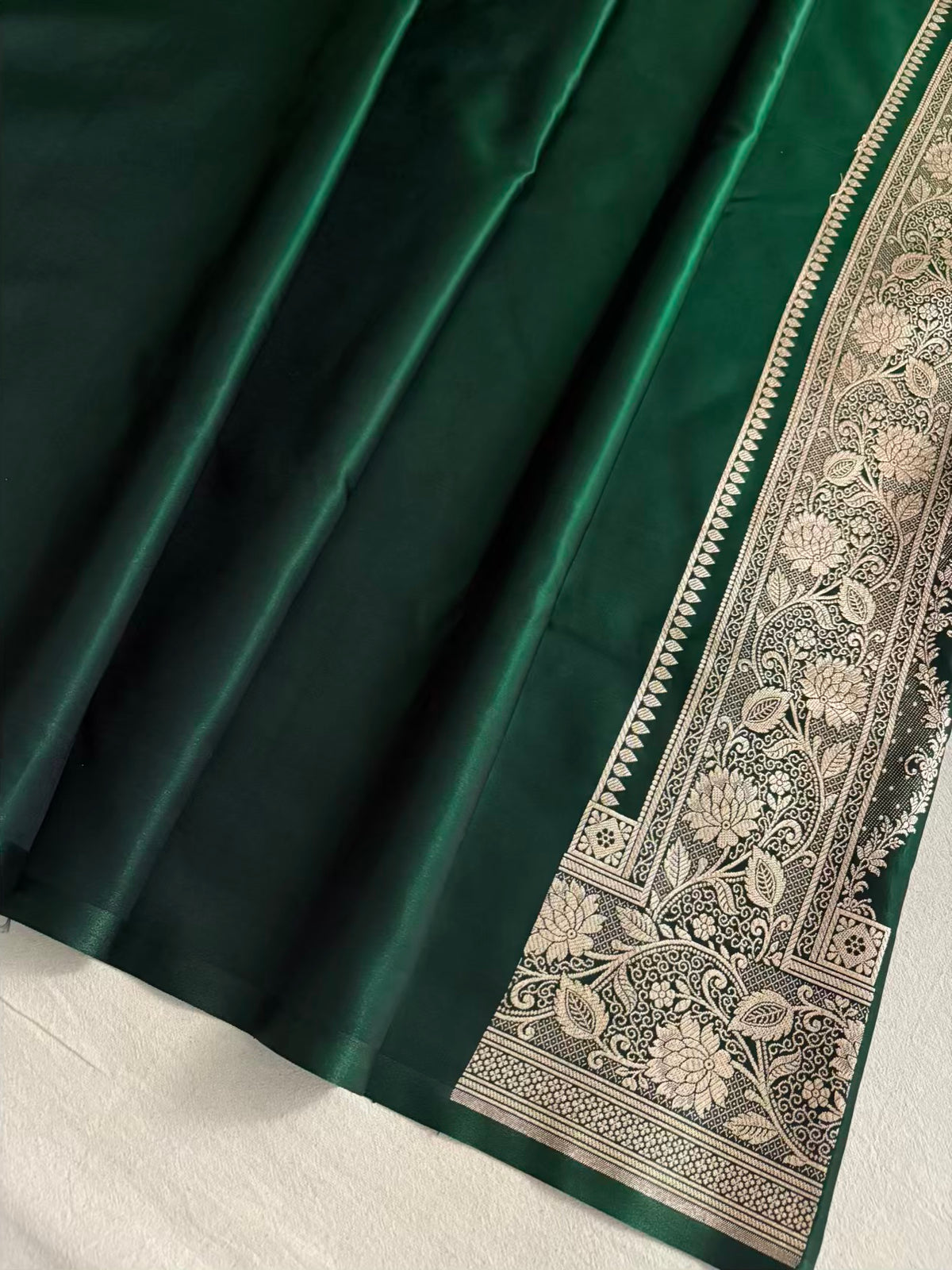 Dark Green Satin Silk Banarasi Saree Jhaad Motif