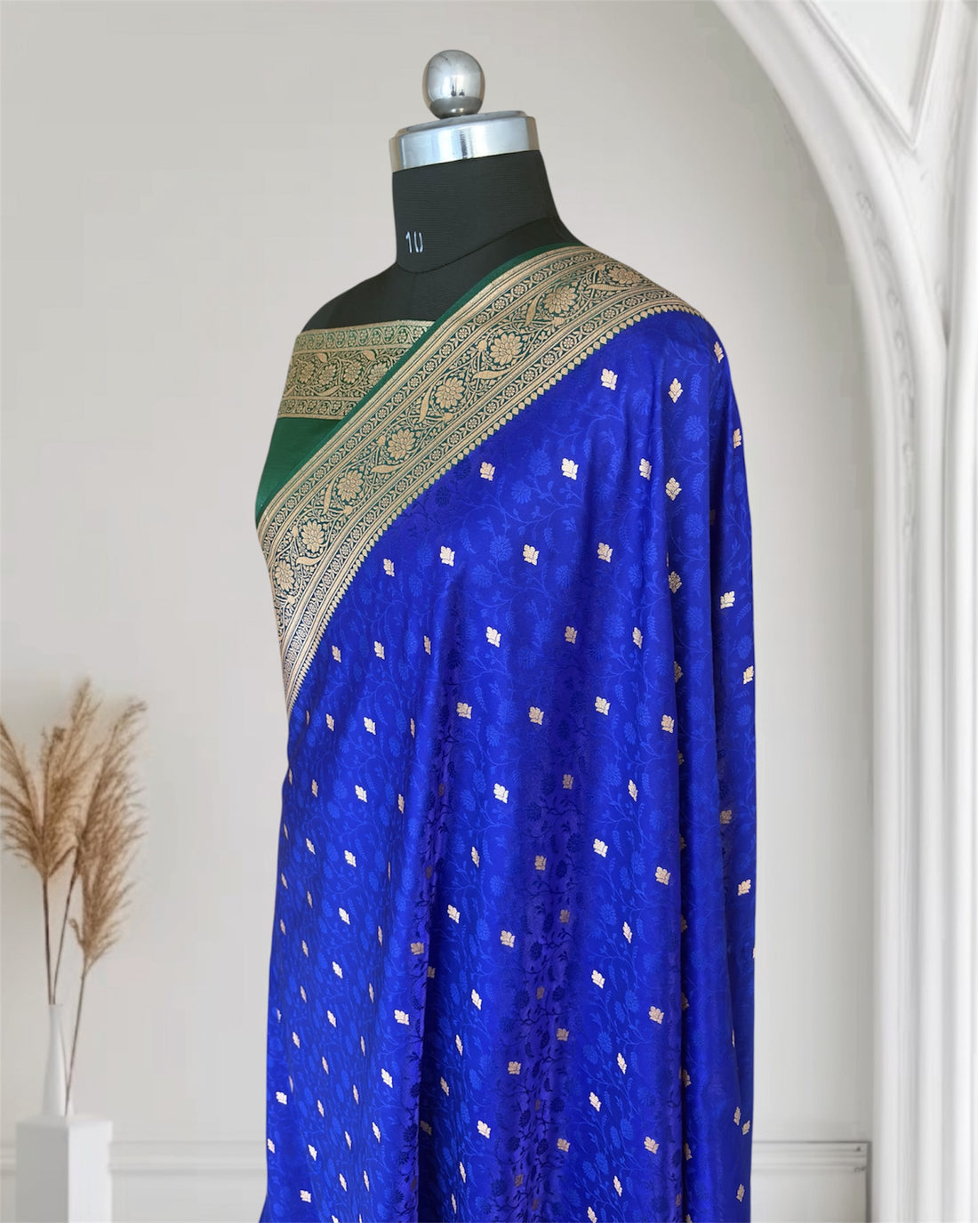Royal Blue & Green Satin Silk Banarasi Saree Tanchui Jaal