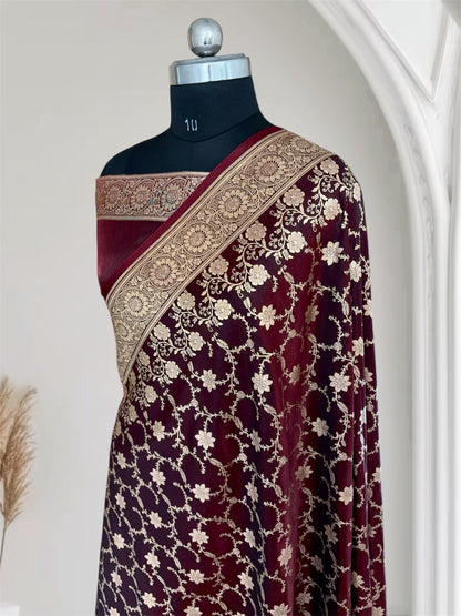 Dark Maroon Satin Silk Banarasi Saree Floral Swarna Latika Jaal