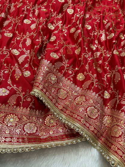 Bridal Red Satin Kataan Silk Banarasi Saree Heavy Aari Work