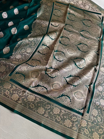 Teal Green Satin Silk Banarasi Saree Jhaad Motif