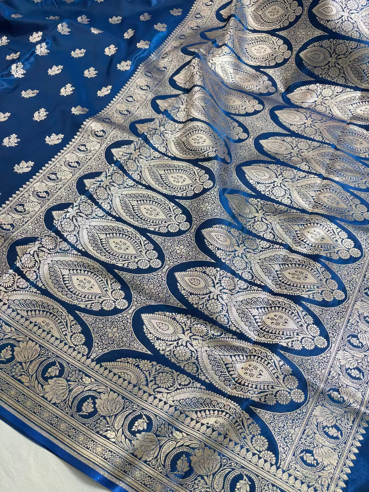 Teal Blue Satin Silk Motif Banarasi Saree