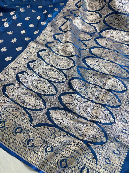 Teal Blue Satin Silk Motif Banarasi Saree
