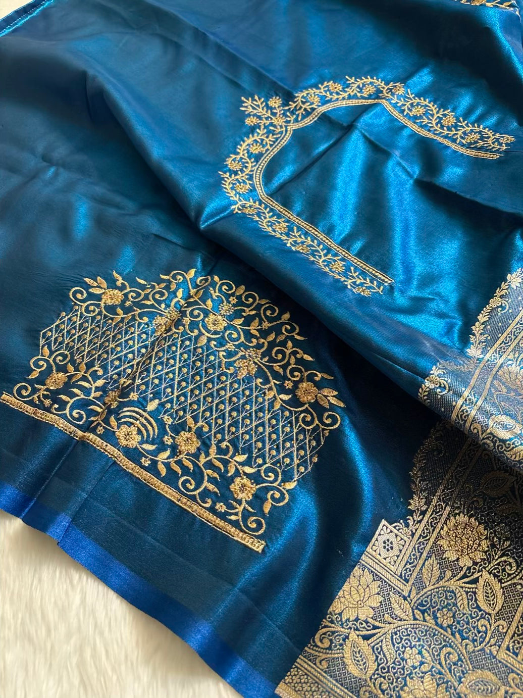 Teal Blue With Swarovski Stone Work Jaal Pattern Satin Silk Saree