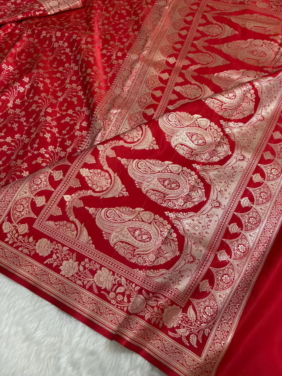 Heavy Jaal Satin Silk Banarasi Saree Red Shades