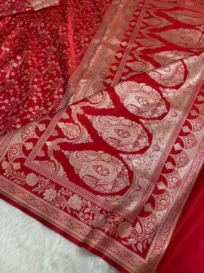 Heavy Jaal Satin Silk Banarasi Saree Red Shades