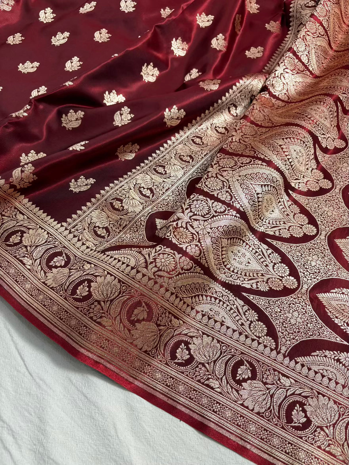Dark Maroon Satin Silk Motif Banarasi Saree