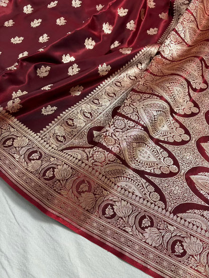 Dark Maroon Satin Silk Motif Banarasi Saree