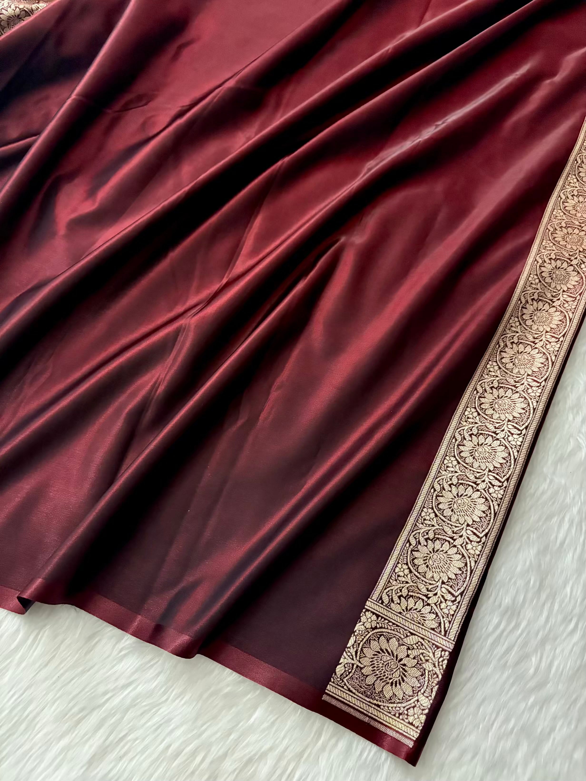 Dark Maroon Satin Silk Banarasi Saree Floral Swarna Latika Jaal