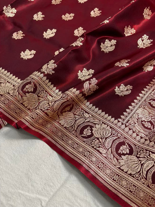 Dark Maroon Satin Silk Motif Banarasi Saree