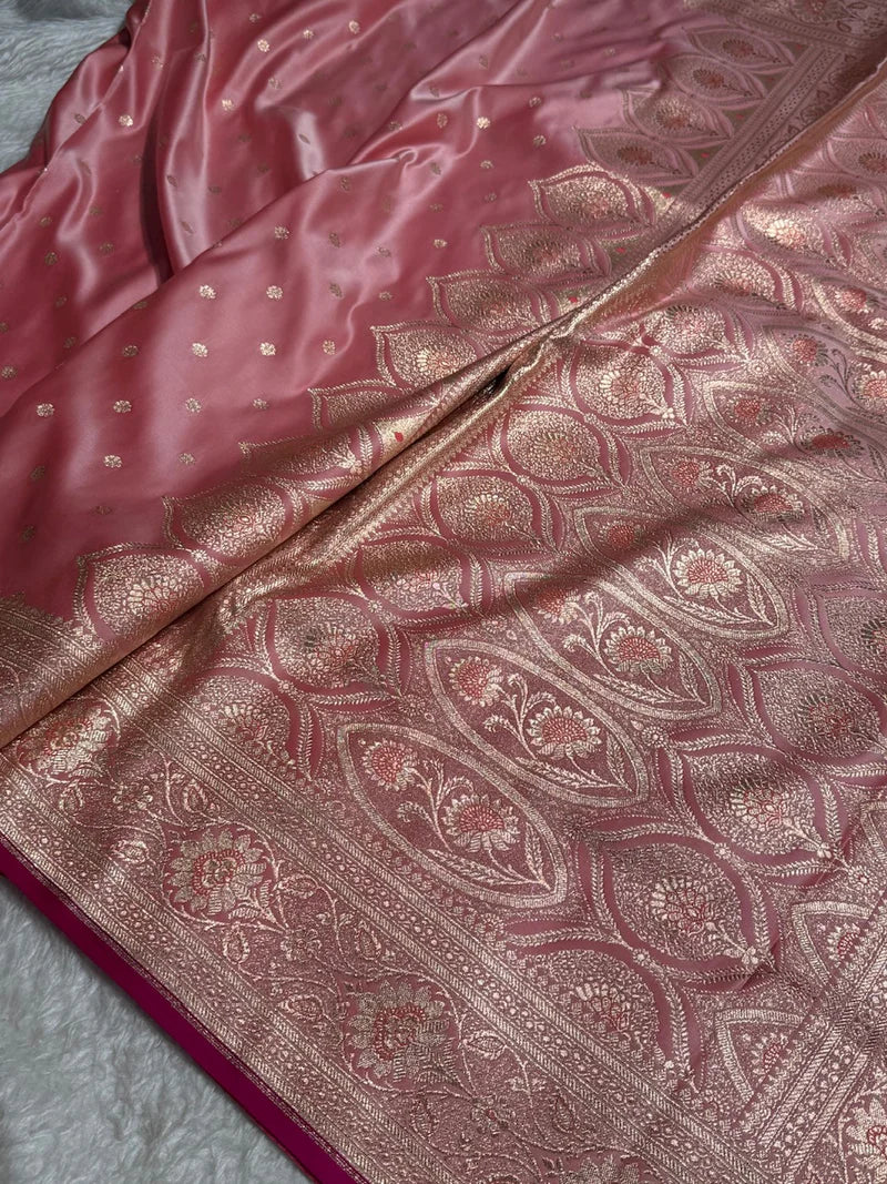 Baby Pink Booti Satin katan Silk Saree
