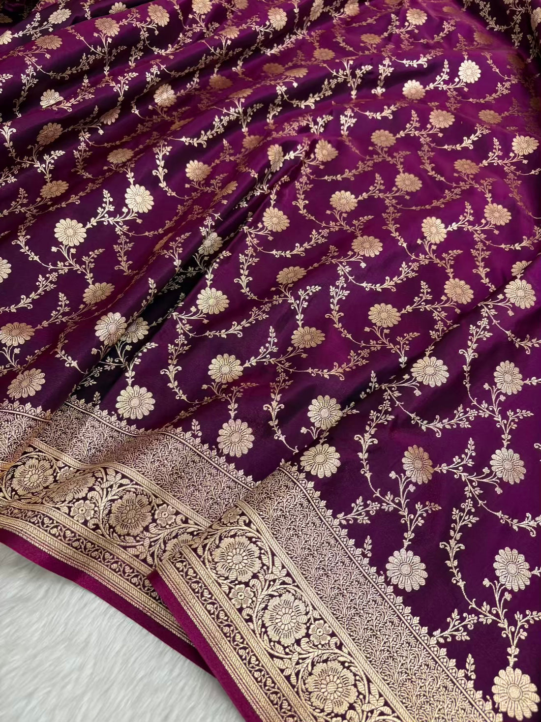 Wine Satin Silk Banarasi Saree with Golden Zari Floral Bel Jaal